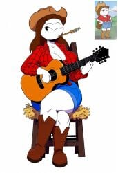 acoustic_guitar ai_generated big_breasts boots comparing cowboy_hat cowgirl cowgirl_outfit crossed_legs denim_shorts farmgirl huge_ass let_me_explain_studios playing_games playing_guitar rebecca_parham reference_image sitting straw_in_mouth thick_thighs tied_shirt wheat_in_mouth wink winking_at_viewer