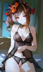 1girls bare_shoulders black_lingerie black_panties blush brown_hair chiori_(genshin_impact) genshin_impact gold_hair golden_hair horny_female hoyoverse lingerie lingerie_only looking_at_viewer mihoyo pussy red_eyes showing_off showing_pussy soft_body themallowkit