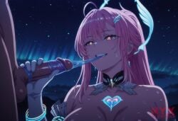 1girls aemeath_(wuthering_waves) ai_generated dark_background glowing large_breasts leotard night nyxworks pink_hair wuthering_waves