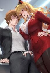 1boy 1girls absurd_res ai_generated aroused assertive_female breast_press bulge bulge_fondling bulge_under_clothes business_suit business_woman embarrassed erection erection_under_clothes faceless_male gran_(granblue_fantasy) granblue_fantasy groping groping_crotch groping_through_clothes hairbow hand_on_hip huge_breasts imminent_sex leaning_back leaning_on_object licking_lips liu_(artist) looking_at_penis looking_down office_clothing office_lady parted_lips standing straight sweat thick_thighs vira_(granblue_fantasy) vira_lillie voluptuous voluptuous_female wide_hips