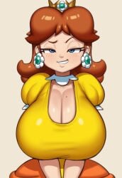 1girls ai_generated big_breasts bimbo breasts brown_hair bursting_breasts cleavage crown female female_only gigantic_breasts grey_impact_(style) huge_breasts human laughing lubbasdump mario_(series) massive_breasts nintendo princess princess_daisy royalty smirk smirking