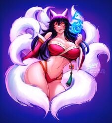 1girls 2024 ahri black_hair breasts_out female female_only flame iahfy large_breasts league_of_legends licking_lips light-skinned_female light_skin looking_at_viewer nipples solo tail yellow_eyes