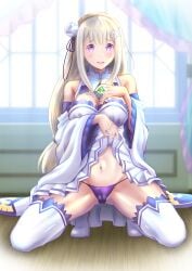 1girls belly blush elf elf_ears elf_female emilia_(re:zero) half-dressed hanaukyou123 hips legs_apart looking_at_viewer offering_to_viewer panties purple_eyes pussy re:zero_kara_hajimeru_isekai_seikatsu silver_hair skirt_lift solo squatting thick_thighs thighs