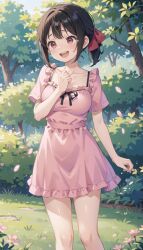 1girls :d ai_generated bangs black_hair black_ribbon blush bow bra_strap breasts bush collarbone crying crying_with_eyes_open day dress falling_petals feet_out_of_frame flower forest frilled_dress frills grass hair_ribbon hairbow hand_up kaguya-sama_wa_kokurasetai_~tensai-tachi_no_renai_zunousen~ medium_breasts natsuyoru nature open_mouth outdoors petals pink_dress pink_flower ponytail red_bow red_eyes red_ribbon ribbon shinomiya_kaguya short_hair short_ponytail short_sleeves sidelocks smile solo standing tearing_up tears teeth tree upper_teeth_only