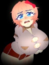 1female 1girls big_breasts blue_eyes bow breasts cleavage doki_doki_literature_club female_focus hair_bow hairbow mouth_open open_mouth pisstpisstel red_bow red_hair_bow red_hairbow rope ropes sayori_(doki_doki_literature_club) shorts skiddioop thighs