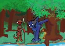 anthro aroused blue_body blue_scales bodily_fluids breasts claws clothed clothing dragon duo female feral forest genital_fluids genitals hi_res horn kobold looking_at_another male male/female marking_territory melee_weapon mythological_creature mythological_scalie mythology nature nipples peeing peeing_into_water peeing_together peeping penis plant polearm pussy raised_clothing raised_leg raised_tail red_body red_scales river scales scalie sharp_teeth smile smirk spear tail teeth torn_clothing tree truewerte_(artist) urine watersports weapon