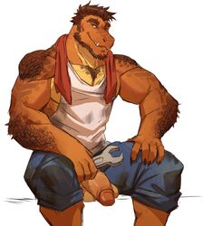 balls bottomwear clothed clothing dinosaur flaccid ghangaji hair hi_res humanoid_penis looking_at_viewer male male_only muscular muscular_male nyuudles pants partially_clothed penis reptile scalie shirt solo tank_top teeth tools topwear wrench