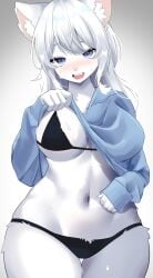 1girls 2d 2d_(artwork) 5_fingers anthro big_breasts bikini blue_clothing blue_eyes colored furry hi_res lifting_own_clothes looking_at_viewer maru_mao_(artist) open_mouth simple_background sweating thick_thighs white_ears white_fur white_hair