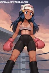 ai_generated angry angry_eyes angry_face blue_eyes box boxing boxing_gloves boxing_ring boxing_shorts breasts clot clothed clothed_female clothing dawn_(pokemon) nonude pokemon pokemon_trainer tits_bouncing tits_out