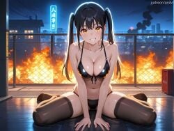 1girls ai_generated anilvl bangs bare_arms bare_shoulders between_legs bikini black_bikini black_hair black_thighhighs blush breasts brown_thighhighs building burning chain-link_fence city cityscape cleavage collarbone en'en_no_shouboutai enen_no_shouboutai explosion fence fire fire_force front-tie_bikini_top front-tie_top full_body grin halterneck kotatsu_tamaki large_breasts long_hair looking_at_viewer medium_breasts navel night night_sky no_shoes orange_eyes outdoors rooftop sidelocks sitting skindentation sky smile smoke solo spread_legs stomach string_bikini sweat swimsuit teeth thighhighs thighs twintails wariza wet yellow_eyes