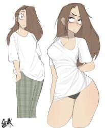 1girls better_version_at_source brown_hair pyjamas shirt_tighten_meme sleakj3