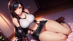 1girls ai_generated belly_button big_ass blush boots brown_hair clitoris earrings elbow_pads exposed_midriff final_fantasy_vii gloves large_breasts long_hair looking_at_viewer no_panties pussy red_eyes sitting_on_bed skirt slim_waist suspenders tank_top thick_thighs tifa_lockhart white_tank_top