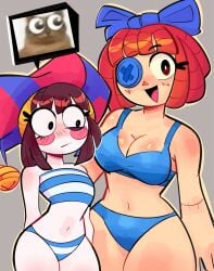 2025 2girls belly_button bikini bikini_bottom bikini_top blue_bikini blush_stickers breasts brown_hair button_eye cleavage clothing distracted eye_twitch female fool's_hat glitch_productions human jartiz jester jester_hat looking_at_breasts looking_at_viewer midriff navel open_smile pale_skin pomni pomni_(beach_outfit) pomni_(tadc) pomni_(the_amazing_digital_circus) ragatha ragatha_(beach_outfit) ragatha_(tadc) ragatha_(the_amazing_digital_circus) red_hair short_hair staring staring_at_breasts stitches striped_bikini swimwear tadc the_amazing_digital_circus triangle_nose tube_top twitching_eye white_skin yuri