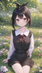 1girls ai_generated arm_support bangs black_bow black_dress black_hair black_ribbon blue_flower blurry blurry_background blush bow bow_hairband breasts brown_eyes bush closed_mouth collarbone collared_shirt day dress flower grass hair_ribbon hairbow kaguya-sama_wa_kokurasetai_~tensai-tachi_no_renai_zunousen~ long_sleeves looking_at_viewer medium_breasts natsuyoru neck_ribbon on_grass on_ground outdoors pinafore_dress pink_flower red_eyes red_flower red_ribbon ribbon school_uniform shinomiya_kaguya shirt short_hair shuuchiin_academy_school_uniform sidelocks sitting skirt sleeveless sleeveless_dress smile solo thighs tree white_flower white_shirt