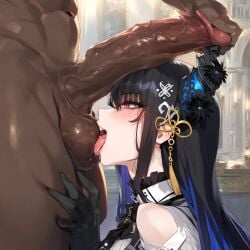 ai_generated black_hair blowjob blush cock_hungry cock_worship dark-skinned_male dark_hair fellatio hair_ornament hololive hololive_english hololive_english_-advent- horn horny_female interracial licking licking_balls long_hair nerissa_ravencroft penis_on_head possessed thick_penis virtual_youtuber