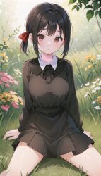 1girls ai_generated arm_support bangs black_ascot black_bow black_dress black_hair black_ribbon black_shirt black_skirt blush bow breasts brown_eyes closed_mouth collared_dress collared_shirt day dress flower grass hair_ribbon hairbow kaguya-sama_wa_kokurasetai_~tensai-tachi_no_renai_zunousen~ large_breasts long_sleeves looking_at_viewer medium_breasts natsuyoru neck_ribbon on_grass on_ground open_mouth outdoors parted_lips pink_flower pleated_dress pleated_skirt red_bow red_eyes red_ribbon ribbon school_uniform shinomiya_kaguya shirt short_hair short_ponytail side_ponytail sidelocks sitting skirt solo spread_legs thighs white_flower yellow_flower