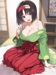 1girls :d absurdres bare_shoulders big_breasts black_eyes black_hair breasts cleavage collarbone creatures_(company) erika_(pokemon) female game_freak green_kimono hairband hakama highres indoors japanese_clothes kimono korean_commentary large_breasts long_sleeves looking_at_viewer nintendo open_mouth pokemon pokemon_frlg pokemon_lgpe red_hairband red_hakama rehu_(astd5787) rehu_(astd5787) sitting smile solo