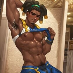 1boy abs ai_generated armpit_hair armpits arms_behind_head beansaa biceps black_body bulge bulge_through_clothing civitai cum_in_armpit cum_on_armpit cum_on_body dark-skinned_male dark_skin happy_trail lúcio large_pectorals large_thighs lifted_shirt looking_at_viewer lucio_(overwatch) male male_focus male_only muscular muscular_male oil oiled overwatch overwatch_2 pecs pubic_hair shorts smirk solo solo_male wet wet_skin