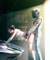 1boy azasuke black_hair car clothes_lift dress dress_lift earrings elbow_gloves female gloves helmet highres hoop_earrings jewelry motor_vehicle nagase_reiko open_mouth panties panty_pull r4:_ridge_racer_type_4 racing_suit ridge_racer sex sex_from_behind short_hair socks sweat underwear white_gloves white_socks