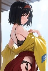 1girls ai_generated ass black_hair brown_eyes erika_(pokemon) japanese_clothes kimono panties pokemon pokemon_frlg red_hairband tagme underwear