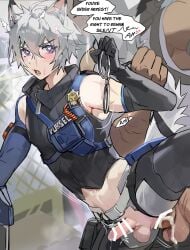 2boys anal animal_ears bar_censor blush cat_boy cat_ears cat_tail censored chain-link_fence cuffs cum cum_overflow dark-skinned_male dark_skin english_commentary english_text erection eyelashes fence gloves grey_hair hair_between_eyes handcuffs heart heart-shaped_pupils highres holding holding_handcuffs itsme_takk leg_up looking_at_viewer multiple_boys open_mouth outdoors police police_uniform policeman public_indecency seth_lowell sex short_hair size_difference solo_focus speech_bubble standing standing_sex sweat symbol-shaped_pupils tail testicles yaoi zenless_zone_zero