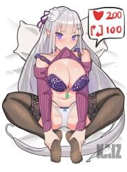 1girls belly bra breasts cleavage elf elf_ears elf_female emilia_(re:zero) half_naked legs_held_open offering_to_viewer panties purple_eyes re:zero_kara_hajimeru_isekai_seikatsu shirt_lift shirt_lift_via_mouth silver_hair sitting_on_bed solo spread_legs thighhighs thighs underwear undressing