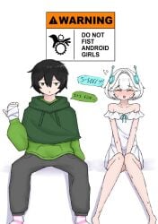 1boy 1girls 2d android_girl bandages bare_arms bare_legs bare_shoulders bare_thighs barefoot black_hair black_pants blue_bow blush blushing breasts collarbone ellie_minibot english_text female green_eyes green_hoodie hair_ornament male meme pink_and_white_socks small_breasts sweat sweating sweaty szpecter tagme text twitch vedal987 virtual_youtuber vtuber warning_sign white_dress white_hair