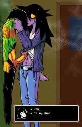 absurd_res anthro bodily_fluids bottomwear bully bullying clothed clothing clothing_lift cum cum_on_belly cum_on_body deltarune denim denim_bottomwear denim_clothing dialogue duo female genital_fluids genitals hi_res jeans kris_(deltarune) male male/female pants penis ponporio shirt shirt_lift surprised_expression susie_(deltarune) sweat tagme text text_box topwear undertale_(series)
