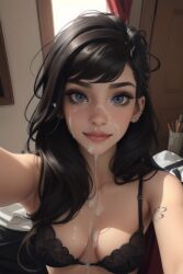 after_fellatio after_oral ai_generated black_hair blue_eyes bra camera_pov camera_view cum cum_on_breasts cum_on_face eye_contact facial female female_focus holding_phone lingerie looking_at_viewer original original_character piercing selfie solo solo_female solo_focus taliredmint tattoo