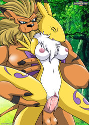 anthro anthro_on_anthro anthro_only anthro_penetrating arms_behind_back bbmbbf big_breasts bodyguard_position breasts closed_eyes cum_in_pussy cum_inside digihentai digimon digimon_tamers ear_piercing erect_nipples female female_penetrated fox fox_ears fox_tail from_behind hand_on_thigh holding_arm_back holding_leg humanoid_penis legs_up leomon lion male_penetrating nipples palcomix renamon standing_sex straight vaginal_penetration vixen vulva