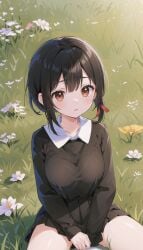 1girls ai_generated bangs between_legs black_dress black_hair black_shirt black_skirt black_sweater blush breasts brown_eyes collarbone collared_shirt day flower grass hair_between_eyes hair_ribbon hand_between_legs kaguya-sama_wa_kokurasetai_~tensai-tachi_no_renai_zunousen~ large_breasts long_sleeves looking_at_viewer medium_breasts miniskirt natsuyoru on_grass on_ground outdoors parted_lips pleated_skirt red_eyes red_ribbon ribbon school_uniform shinomiya_kaguya shirt short_hair sidelocks sitting skirt solo sweater thighs white_flower yellow_flower