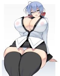 black_thighhighs blue_hair center_opening curvy gigantic_breasts gigantic_thighs glasses looking_at_viewer masao nipples_visible_through_clothing original original_character panties pencil_skirt plump thick_thighs thighhighs thunder_thighs voluptuous wide_hips