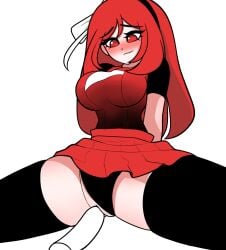 big_breasts nervous nervous_smile panties panties_aside red_eyes red_hair skirt_lift what_if_animation(artist) youtube