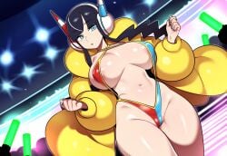 1girls ai_generated areola_slip audience black_hair catwalk crowd elesa_(pokemon) female large_breasts mullon novelai pokemon pokemon_bw pokemon_bw2 public runway stage thick_thighs