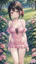 1girls :d ai_generated arms_at_sides ass_visible_through_thighs bangs bare_shoulders black_hair blush bow breasts bush casual_one-piece_swimsuit cleavage collarbone covered_navel day feet_out_of_frame flower forest frilled_leotard frilled_one-piece_swimsuit frills grass hair_ribbon hairbow kaguya-sama_wa_kokurasetai_~tensai-tachi_no_renai_zunousen~ leotard looking_at_viewer medium_breasts natsuyoru nature one-piece_swimsuit open_mouth outdoors parted_lips pink_dress pink_flower pink_leotard pink_one-piece_swimsuit red_bow red_eyes red_ribbon ribbon scrunchie shinomiya_kaguya short_hair short_ponytail side_cutout sidelocks smile solo standing swimsuit thighs tree white_flower wrist_scrunchie