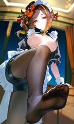 1girls ai_generated black_legwear black_pantyhose blonde_hair breasts breasts_out brown_hair chiori_(genshin_impact) feet female foot_fetish foot_focus from_below genshin_impact gold_hair golden_hair hoyoverse imminent_footjob imminent_stomp knees legs legwear maid maid_uniform medium_breasts mihoyo nipples pale-skinned_female pale_skin pantyhose red_eyes showing_breasts showing_feet showing_off sole soles soles_female soles_fetish themallowkit tied_hair toes