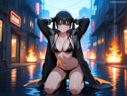 1girls ai_generated anilvl arms_behind_head arms_up bangs bikini bikini_under_clothes black_bikini black_coat black_footwear black_gloves black_hair black_jacket breasts building city cleavage closed_mouth coat collarbone en'en_no_shouboutai enen_no_shouboutai fire fire_force full_body gloves halterneck jacket kneeling kotatsu_tamaki large_breasts long_coat long_hair long_sleeves looking_at_viewer mole navel night open_clothes open_coat open_jacket orange_eyes outdoors reflection road sidelocks skindentation solo stomach string_bikini swimsuit thighs trench_coat twintails water wet