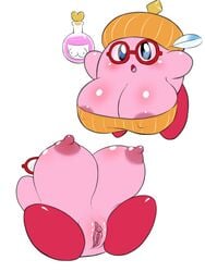 2019 areola_slip ball_with_hyper_features beret big_breasts blush bra breasts broken_glasses chestnut_mouth cleavage clitoris clothing eyewear female flask glasses gotobeido hat headgear headwear hi_res kirby kirby_(series) nintendo nipple_bulge nipples pink_skin plump_labia potion pussy simple_background skindentation solo underwear urethra video_games waddling_head white_background