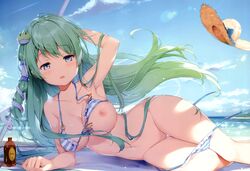 1girls bare_shoulders belly bikini blue_eyes blush bra breasts detexted female female_only green_hair hi_res high_resolution highres human human_only legs_together long_hair looking_at_viewer lying medium_breasts miyase_mahiro nanairo_otogizoushi nipples open_eyes open_mouth panties panties_aside panty_pull pussy sanae_kochiya solo solo_female stomach swimsuits tagme thighs tongue touhou uncensored underwear vagina white_skin