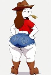 ai_generated ass_focus back_view big_breasts boots bubble_butt comparing cowboy_hat cowgirl cowgirl_outfit denim_shorts farmgirl fat_ass huge_ass let_me_explain_studios rebecca_parham reference_image straw_in_mouth thick_thighs tied_shirt wheat_in_mouth wink winking_at_viewer