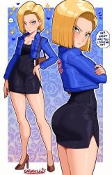 ... 1girls absurdres android_18 ass bag black_dress blonde_hair blue_eyes blue_jacket blush breasts cleavage covered_navel cropped_jacket crossed_arms dragon_ball dragon_ball_z dress english_text eyelashes female floral_background full_body hand_on_own_hip handbag heart high_heels highres huge_ass jacket sarukaiwolf short_dress solo sparkle speech_bubble spoken_ellipsis thighs tight_clothes tight_dress