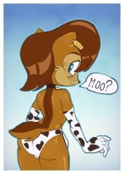 animal_print anthro archie_comics armwear ass blue_eyes brown_body brown_hair chipmunk clothed clothing collar colono cow_print detached_sleeves dialogue ear_piercing ear_tag female ground_squirrel hair looking_back mammal nervous_smile piercing rodent sally_acorn sciurid sega solo sonic_(series) sonic_the_hedgehog_(archie) sonic_the_hedgehog_(comics) sonic_the_hedgehog_(series) speech_bubble tail topless topless_female underwear