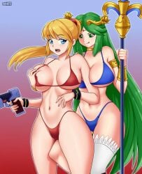 2girls armlet big_breasts bikini blonde_hair blue_bikini blue_eyes blue_swimsuit bracelets breast_grab breasts choker circlet goddess grabbing_breasts green_eyes green_hair gummslime gun holding_gun holding_staff holding_weapon kid_icarus kid_icarus_uprising large_breasts long_hair metroid midriff milf navel nintendo palutena ponytail red_bikini red_swimsuit samus_aran single_thighhigh staff swimsuit thighhighs weapon yuri