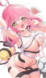 >_< absurdres ahoge arm_up armpits azur_lane bird black_panties black_shorts blush breasts chick collarbone covered_nipples crop_top demon_girl demon_tail dolphin_shorts female green_eyes grinding hair_intakes heart heart_tail highres humo lala_satalin_deviluke lala_satalin_deviluke_(a_princess_imprisoned) large_breasts long_hair low_twintails manjuu_(azur_lane) mechanical_tentacles navel open_mouth panties pink_hair shorts stomach tail tentacle to_love-ru twintails underwear