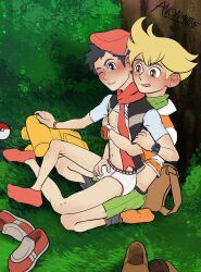 arm_around_partner barry_(pokemon) gay groping_through_clothes lucas_(pokemon) pants_around_ankles public_sex shoes_removed sitting_on_lap skinny