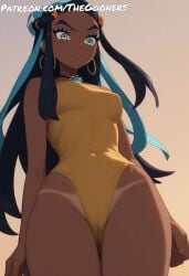 beach blue_eyes dark dark-skinned_female dark_body dark_skin horny horny_female nessa_(pokemon) pokemon pokemon_trainer sea seaside swimsuit tsundere