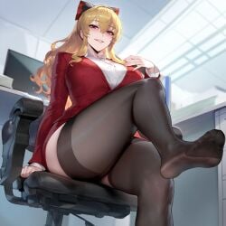 1girls absurd_res ai_generated business_suit business_woman feet_focus feet_up from_below granblue_fantasy hairbow hand_on_breast hand_on_chest liu_(artist) looking_at_viewer miniskirt office_chair office_clothing office_lady presenting_feet seductive seductive_pose sitting smirk smug solo solo_female stockings thighhighs vira_(granblue_fantasy) vira_lillie voluptuous voluptuous_female