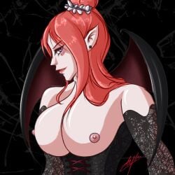 artist_signature bare_shoulders bat_wings black_background bonzu breasts_out castlevania castlevania:_symphony_of_the_night demon demon_girl ear_piercing eyebrows_visible_through_hair eyelashes_visible_through_hair fanart female hair_bun inktober konami large_breasts long_gloves nipples pink_eyes red_hair sharp_ears side_eye solo solo_female succubus succubus_(castlevania) succubus_wings upper_body_only vampire vampire_girl