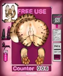 absurd_res anthro anus ass bathroom butt_focus feet felid feline femboy foot_fetish free_use genitals hi_res male mammal nisaku pawpads paws penis public public_restroom public_sex public_use serval sex