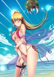 1girls adsouto beach bikini blonde_hair blue_eyes blue_scarf bracelet breasts clouds gun holding_gun large_breasts looking_at_viewer metroid metroid_(creature) midriff mole mole_under_mouth navel nintendo o-ring o-ring_bikini o-ring_swimsuit ocean outside ponytail red_bikini red_swimsuit ribbon ribbon_choker samus_aran scarf sky swimsuit thigh_strap water